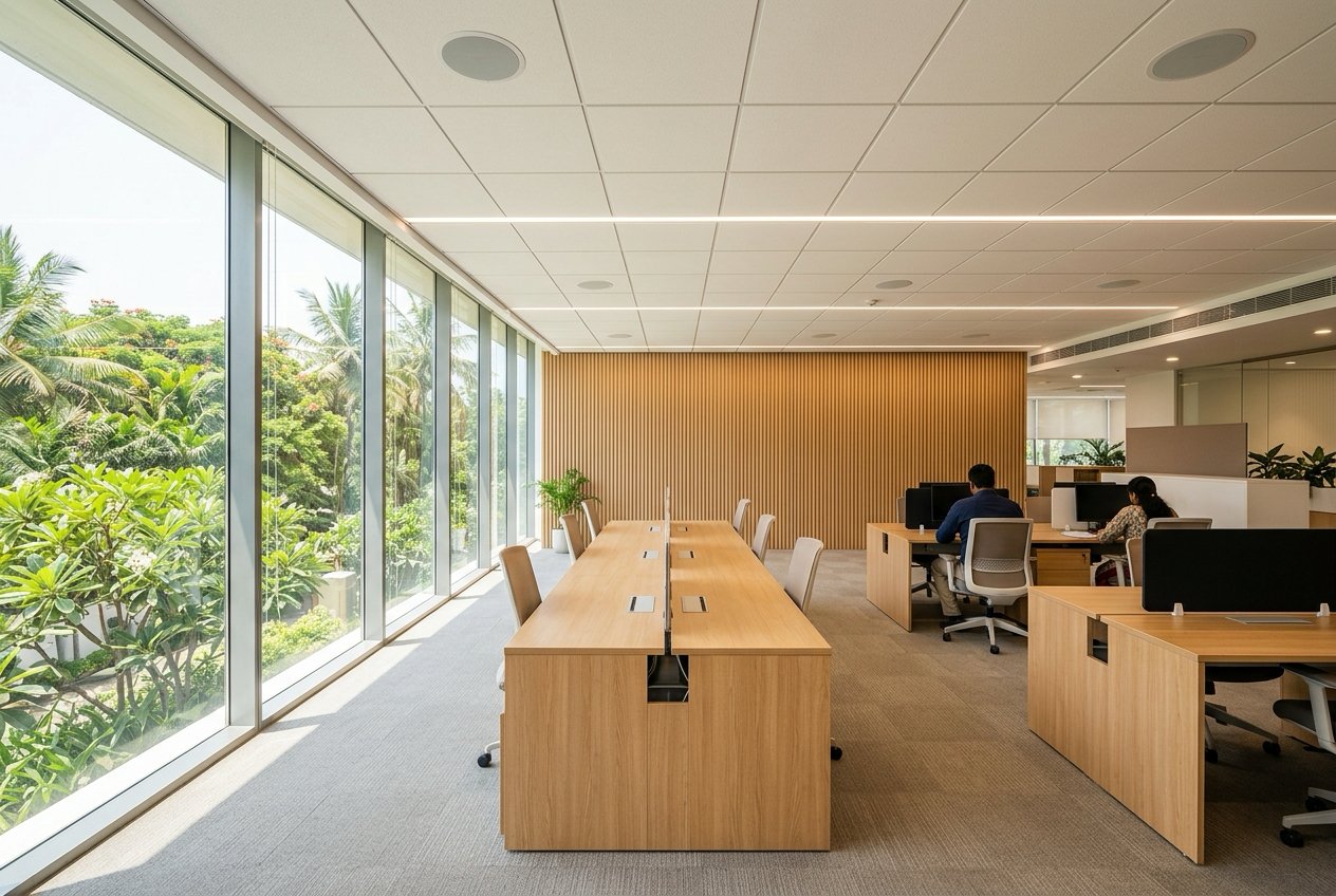 An open-plan office floor in Bengaluru, finished and in use