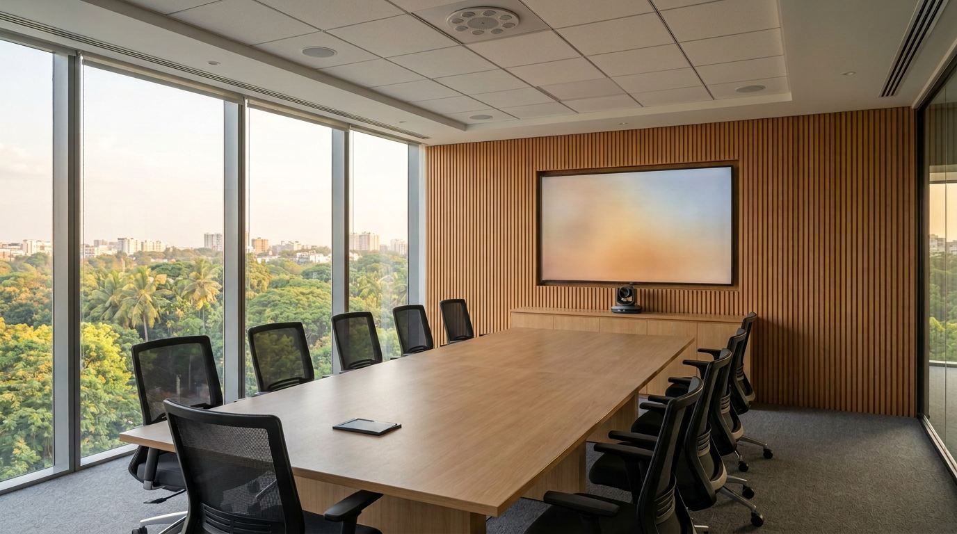 A finished boardroom ready for use: one large display on the slatted wall, a camera under it and a touch panel on the table