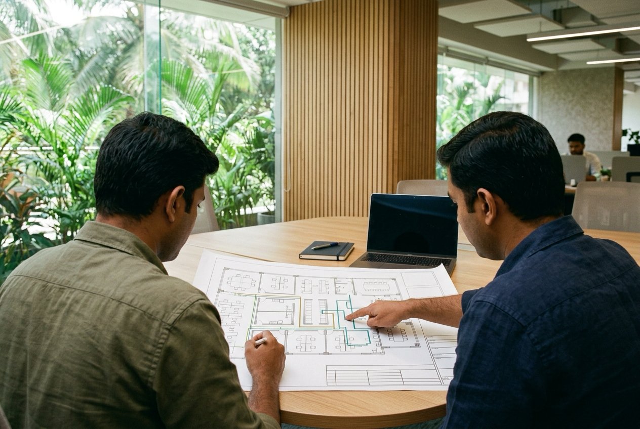 Two people reviewing printed room drawings at a table