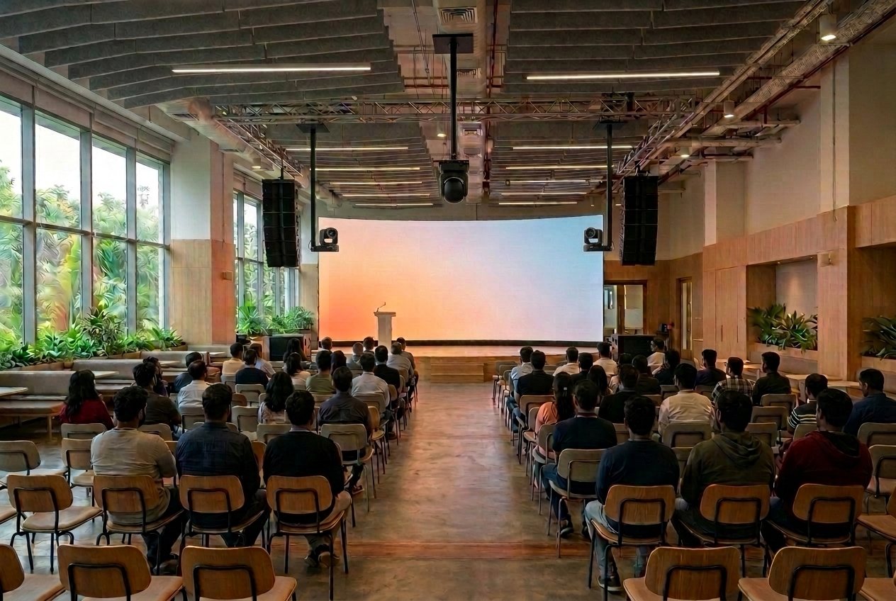 A town hall with an LED wall, line array speakers either side of the stage, and three cameras on ceiling mounts