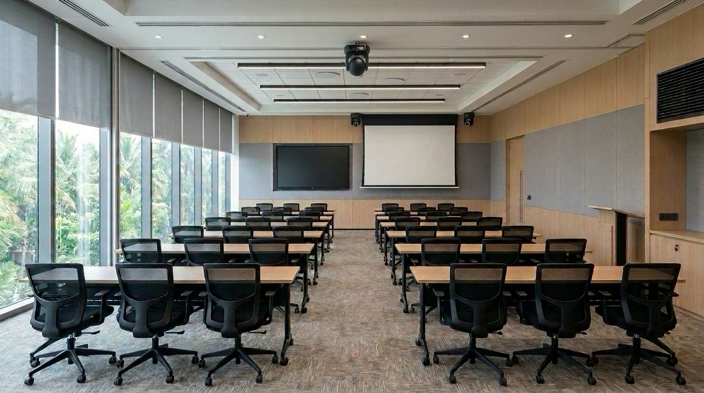 A forty seat training room with a display and a projector screen, two cameras facing the seats and one facing the front, all on ceiling mounts, and microphones and speakers in the ceiling