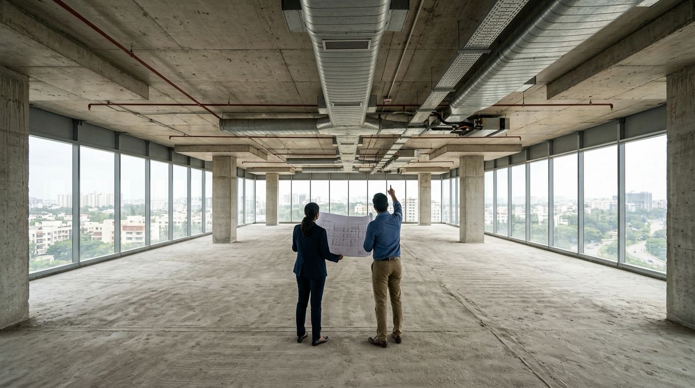 Two people reading a floor plan on an empty office floor before fit-out